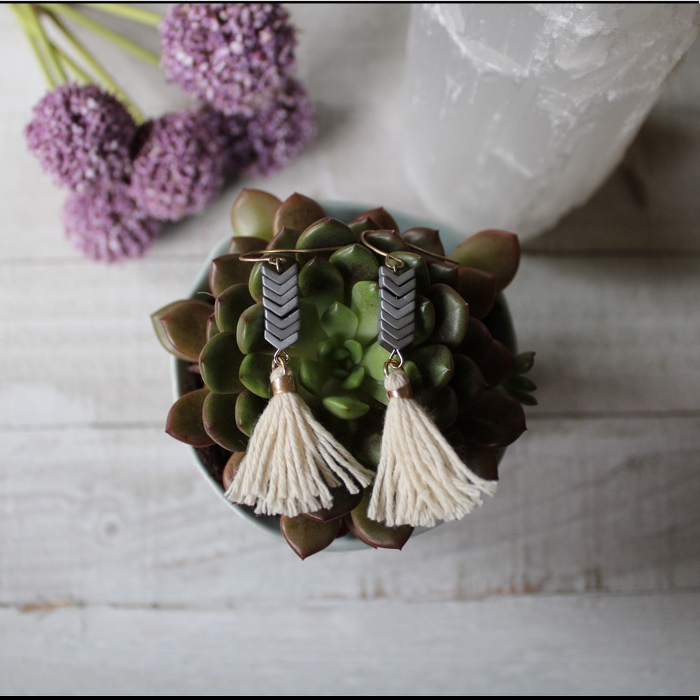 Chevron Hematite Tassel Earrings
